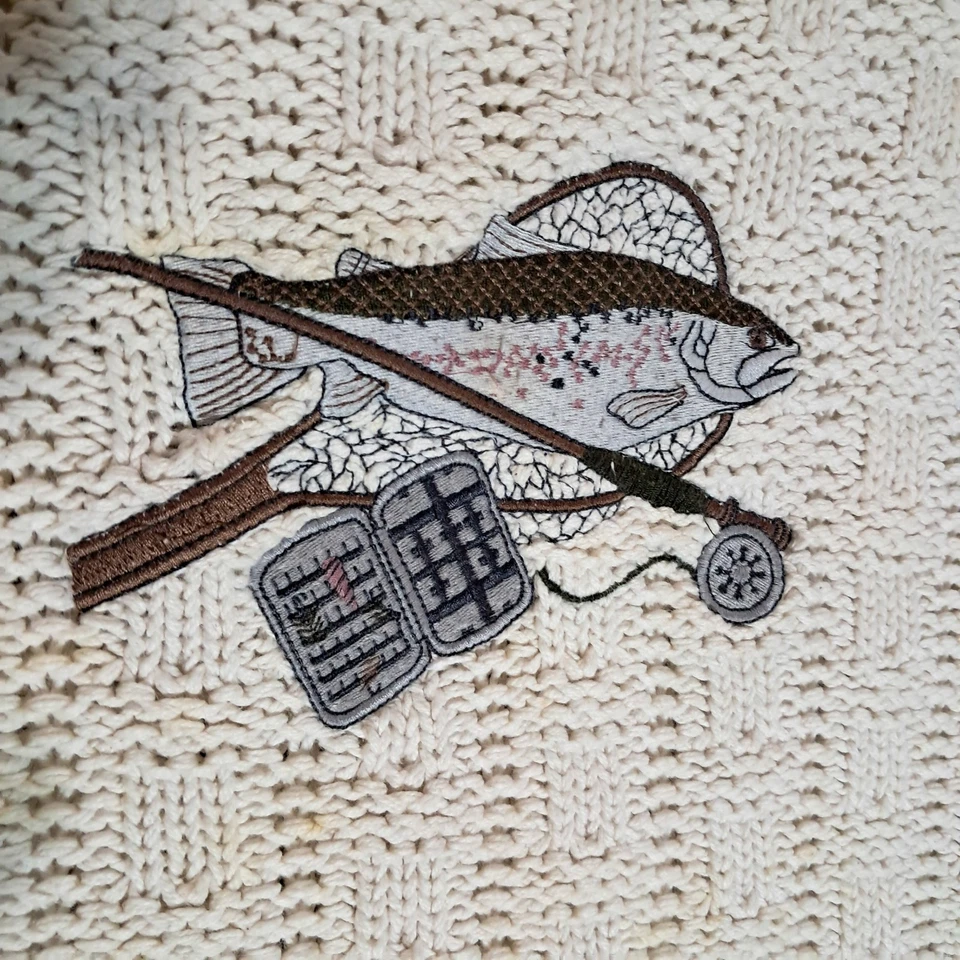 Suéter de Colección Para Hombre L Shenandoah Cuello Redondo Tejido Crema Peces Pesca con Mosca Al Aire Libre Foto 3 de 4