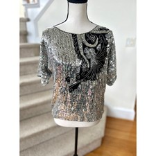 Vintage 70s 80s Silver Sequin  Beaded Silk Floral Short Sleeve Disco Top