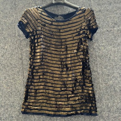 French Connection Mini Shift Dress Sequin Striped Navy Gold Women's Sz 4