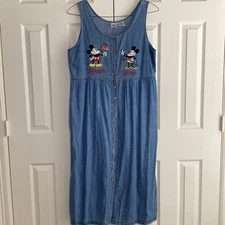 VTG Disney Dress Women XL Denim Minnie Mickey Mouse Embroidered Overall Maxi 90s