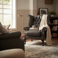 Queen Anne Grey Italian Leather Chesterfield Buttoned High Back Chair