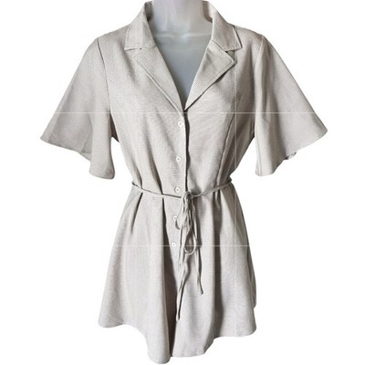 EMORY PARK Micro Check Belted Tailored  Button Down Collared Romper Medium NWT