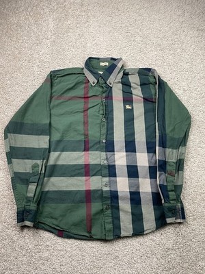 Burberry London Shirt Men Large Green Plaid Stripped Button Down Long Sleeve