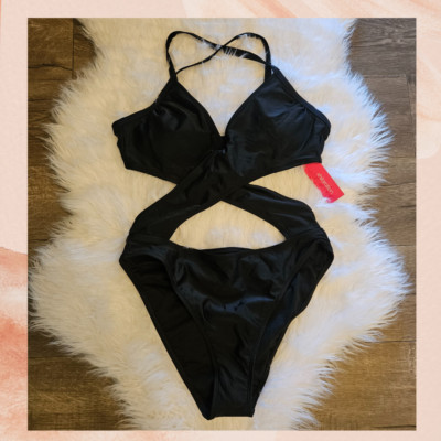 Xhilaration Black Cross-Front One Piece Cut-Out High-Cut Cheeky Swimsuit Size XS