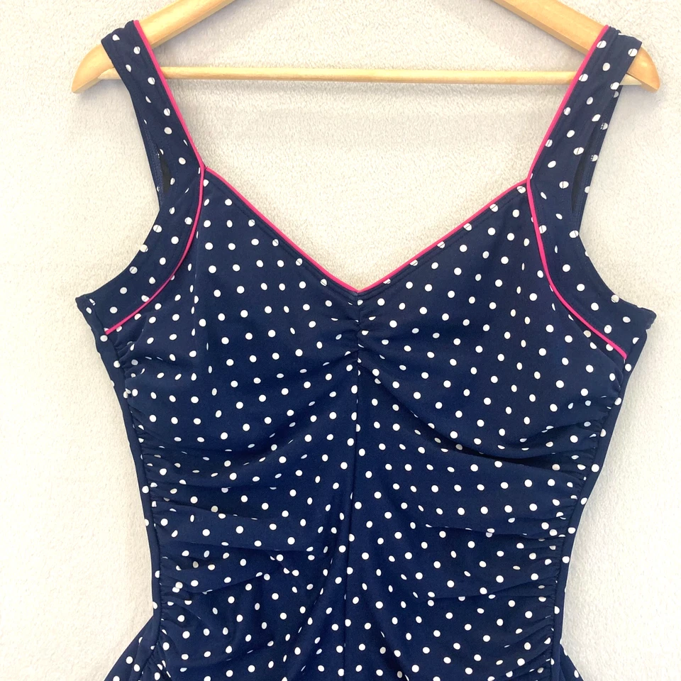 Traje de baño Gabar de una pieza a lunares para mujer 16 azul marino acanalado adelgazante clásico Foto 3 de 4