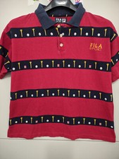 FILA Sport Shirt Mens M Red Polo Short Sleeve Golf Ball Tees AOP Pique Striped