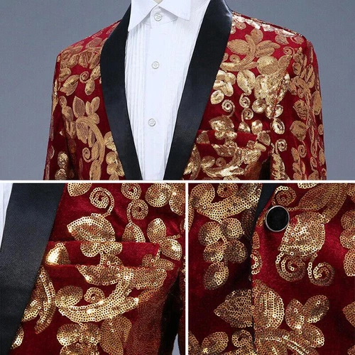Men Sequin Shawl Lapel Suit Jacket Velvet Floral Blazer Wedding Prom Coat Tops - Picture 13 of 21