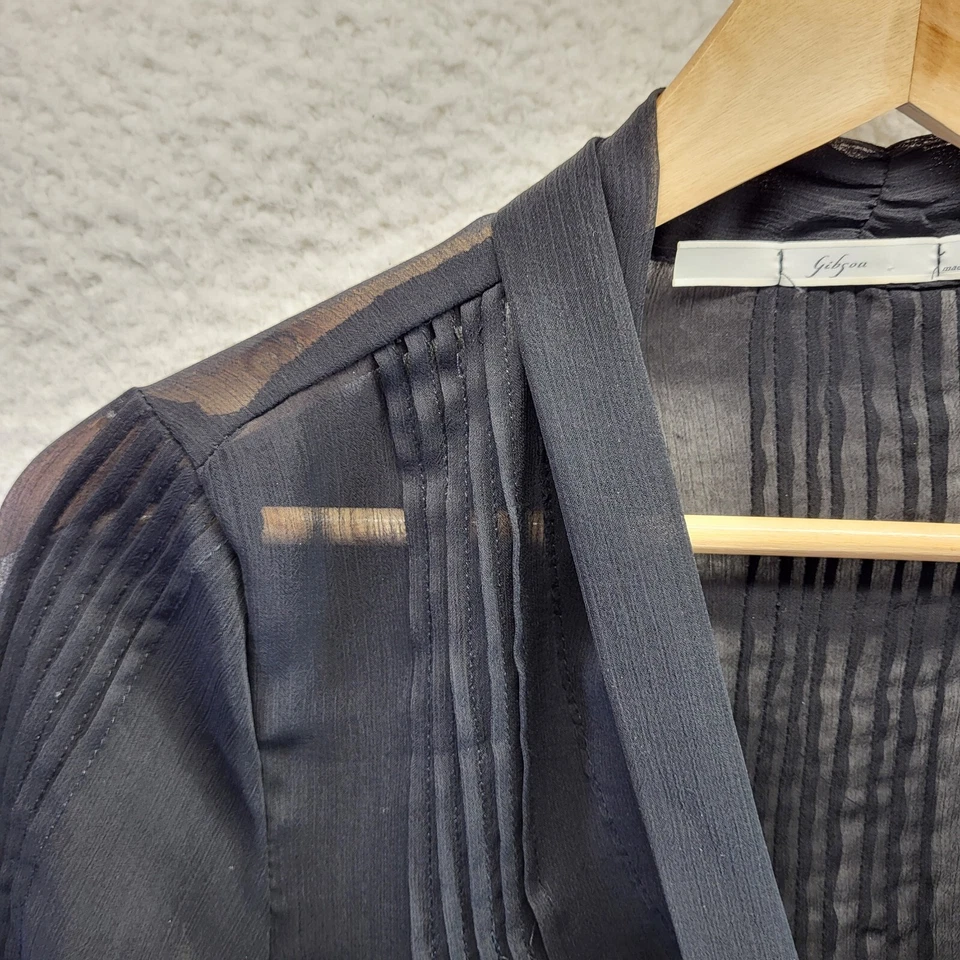 Blusa Gibson transparente con botones para mujer mediana negra con volantes manga larga Foto 3 de 4