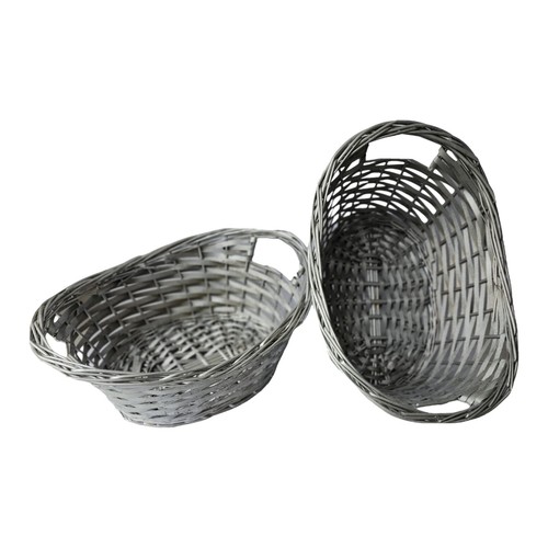 Set Of 2 Oval Nesting Wicker Baskets Silver Stacking Storage Organizing Vintage - Picture 3 of 5