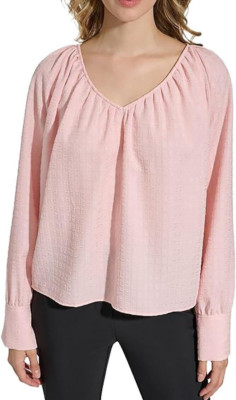 Calvin Klein Textured Chiffon V-Neck Top Plus Sz 3X Pink Bishop Sleeves $89 NWT
