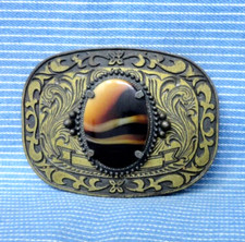 Cowboys Western Scroll Belt Buckle Caramel Coffee Banded Agate Vtg 80s .CPA437