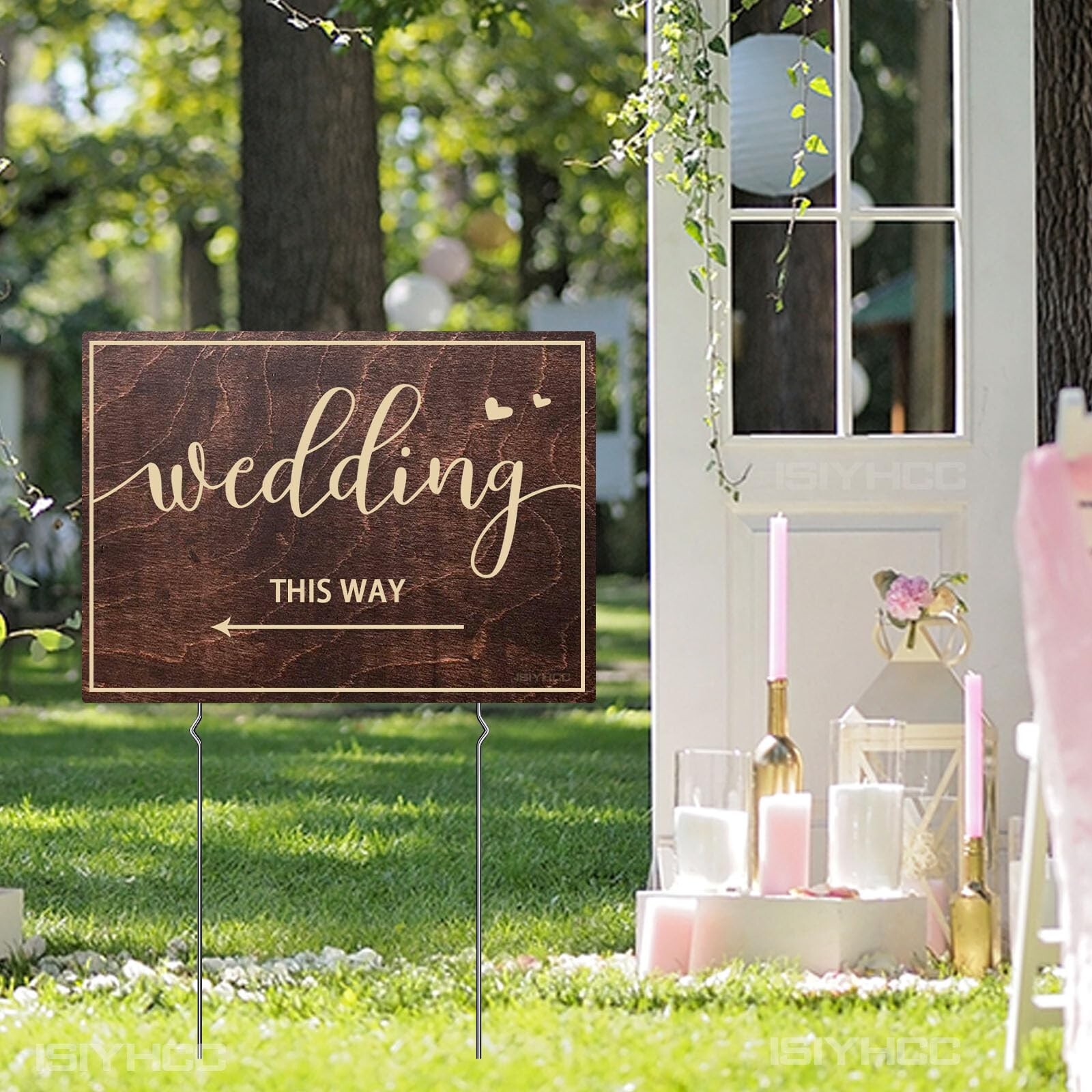 9-Piece Wedding This Way Sign Kit, Double-Sided Wooden Wedding Direction Arro...