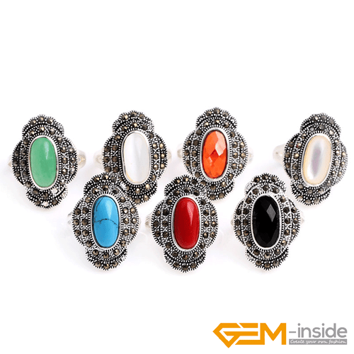 Natural Oval Egg Agate Gemstone Tibetan Silver Ring Marcasite Women Jewelry Gift - Picture 1 of 44