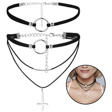 2pcs Women's Gothic Multi-layer Cross Choker Collar Adjustable Velvet Necklace