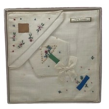 Vtg Hankie Handkerchief Set Pure Linen Hand Embroidered Floral Boxed Hanky READ