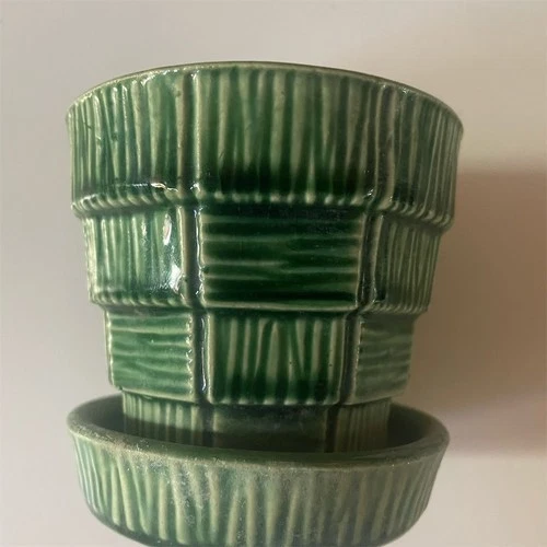 Vintage 1950s McCoy Green Basketweave Planter with Saucer 3” tall