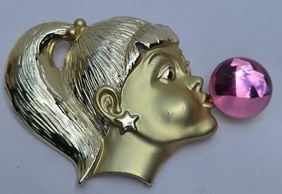 Vintage AJC Bubblegum Girl Brooch Pin Gold Tone Pink Jelly Belly Lucite Signed