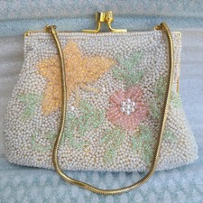 1971c Hong Kong Hand-Beaded Evening Purse, Floral Wristlet, Bridal Something Old