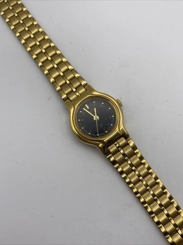 VTG Seiko SX Watch Women 19mm Black Dial Gold Tone Round V401-0281 New Battery