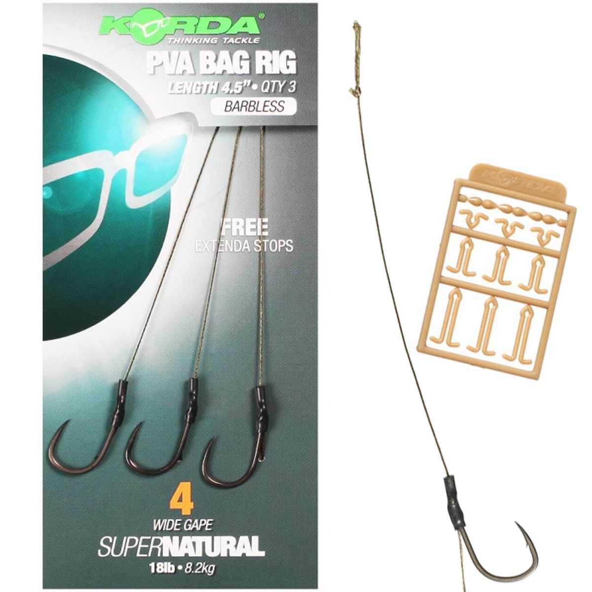 Korda Solid PVA Rig Size 4 Hook Wide Gape Barbless Carp Fishing 3 Rigs Per Pack