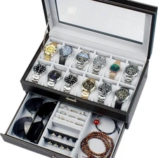 12 Grids Jewelry Case Storage Watch Box Leather Display Organizer Glass Top Gift