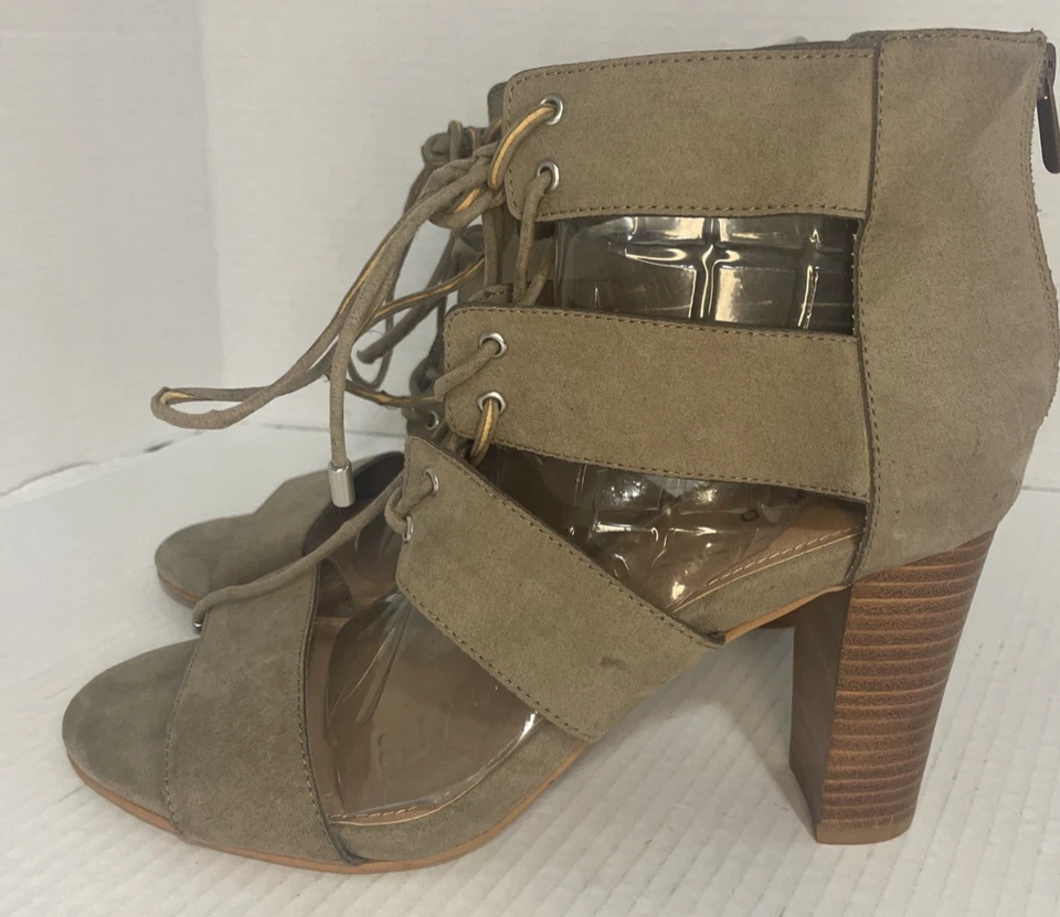 Torrid Sandals Women’s 11.5W Olive Faux Suede Open Toe Lace Up Block Heel Zip Up - Image 4 of 4