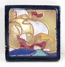Early Brayton Laguna Tile Sailing Ship Trivet, has edge flaws
