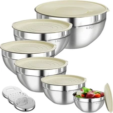 Mixing Bowls with Lids Set, 6 PCS Stainless Steel Mixing Bowls with 3 Grater Att