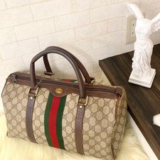 GUCCI GG Supreme Web Sherry Line Boston Bag PVC Beige Vintage USED From JAPAN