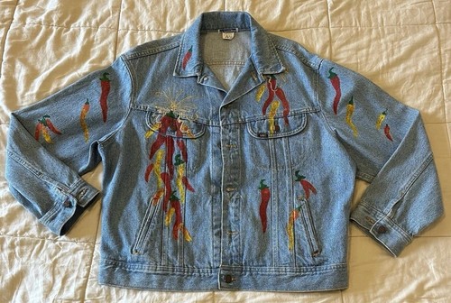 Vintage Lee Men’s Size L Blue Denim Jean Trucker Jacket Painted USA Made 90s - Picture 1 of 10