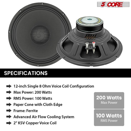 5Core 12" Subwoofer Speaker 200W 8Ohm Replacement Deep Bass PA DJ Sub Woofer - Picture 6 of 10