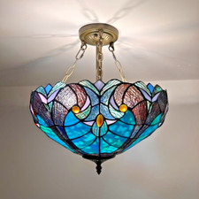 Tiffany Style Ceiling Lights Green Brown Stained Glass LED Bulbs 16"H 16"W 16"D