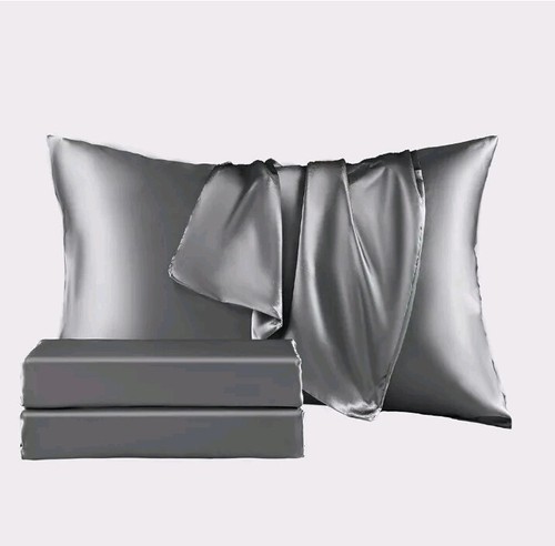 Luxury Silk Silky Satin Grey Sheets Queen Luxury Silk 4-Piece Bed Sheets (Queen) - Picture 8 of 10