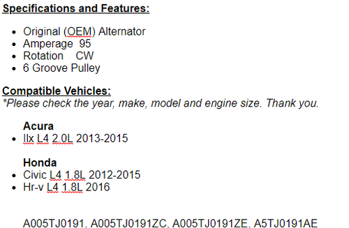 Fits Honda Acura ILX 2.0L 2013-2015, Civic 2012-2015 (1.8L) Alternator - Picture 2 of 3