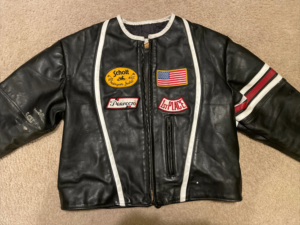 Vintage SCHOTT Perfecto Racing Stripe Leather Motorcycle Jacket USA 46