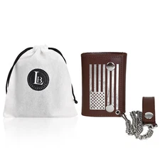 Leatherboss Genuine Leather Men Flag Sign Chain Biker Trifold Wallet, Brown