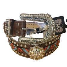 ANGEL RANCH Size M WESTERN LEATHER BEADED RHINESTONE BELT