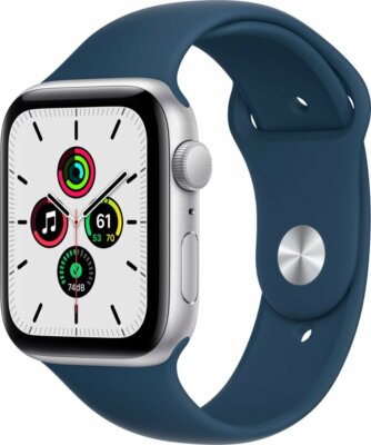 Apple Watch SE 44mm Space Silver Aluminum Case with Blue Sport Band | Brand New