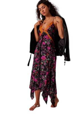 NWT Free People There She Goes Floral Maxi Slip Dress Black Combo Size Small