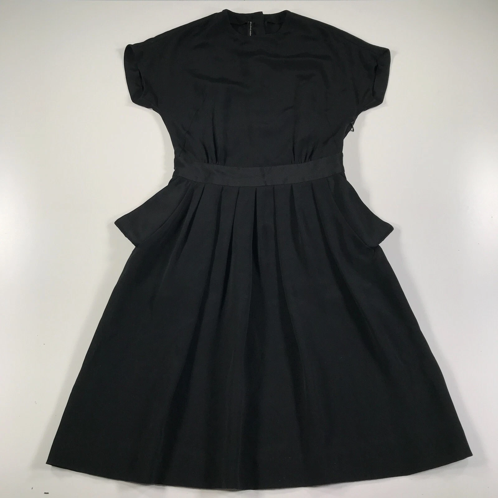 Abito nero Balenciaga donna 38 6 seta maniche corte cintura svasata lunghezza ginocchio