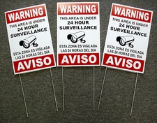3 Security Video Surveillance Warning 24 Hr  Signs 8x12 Spanish English w/Stakes