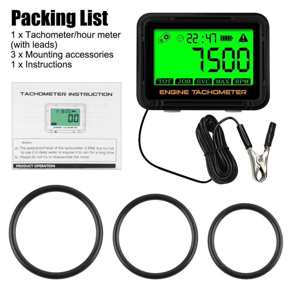 Digital LCD RPM Hour Meter Tachometer Gauge Timer Backlight Car Boat ...