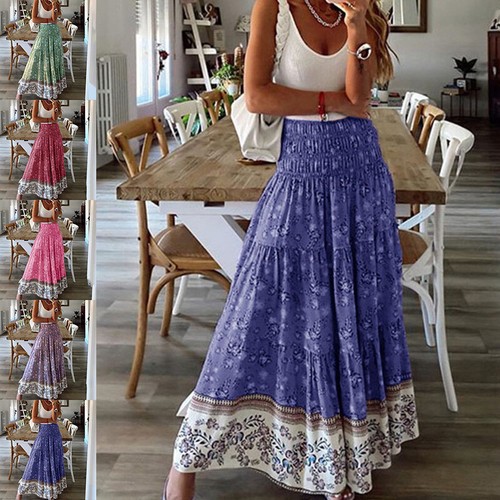 para de cintura alta con estampado bohemio de línea Damas sueltas faldas largas | eBay