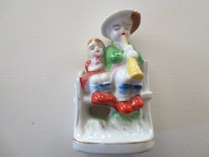 Occupied Japan Statue - Boy And Girl On Bench With Horn