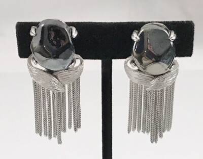 Vintage Silver Tone Tassel Black Crystal Pat Pending Clip On Earrings. #1479