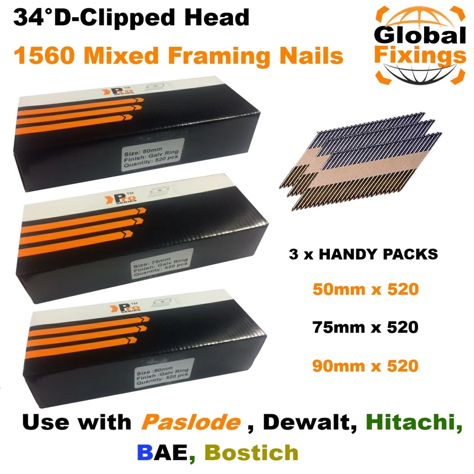 1560 MIXED (50mm,75mm,90mm) Framing Nails for DEWALT DCN692, Paslode IM350/350+
