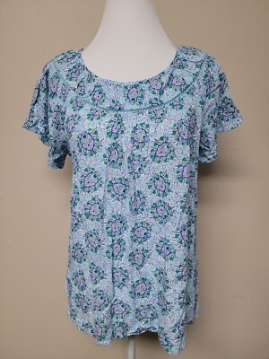 LOFT Women's Blouse Top Short Flutter Sleeve Roud Neck Floral Print Rayon.Size S