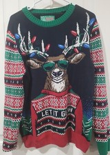 Ugly Christmas Pullover Reindeer Black/Red/Green Sweater Unisex Size M W/ LIGHTS