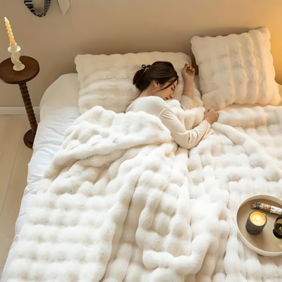 Premium Kaninchen Kunstfell Weich Überwurf Decke Luxus Warm Kuschelig Strukturiert Off White