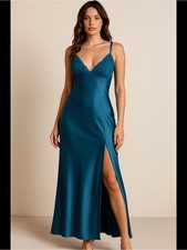 Satin Lace Slip Maxi Dress Lingerie Nightgown Teal M/L Y2K 90s Fairy Whimsical